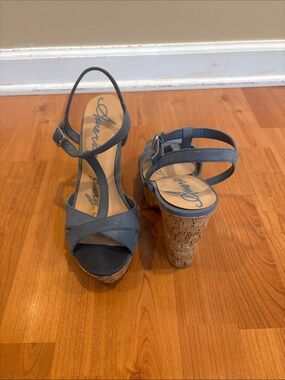 American Rag Blue Strappy Cork Wedge Sandals